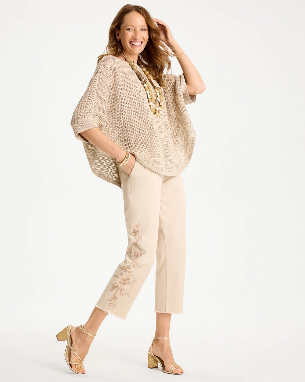 Chico's Relaxed Embroidered Fray Crop Pant Pale Sand