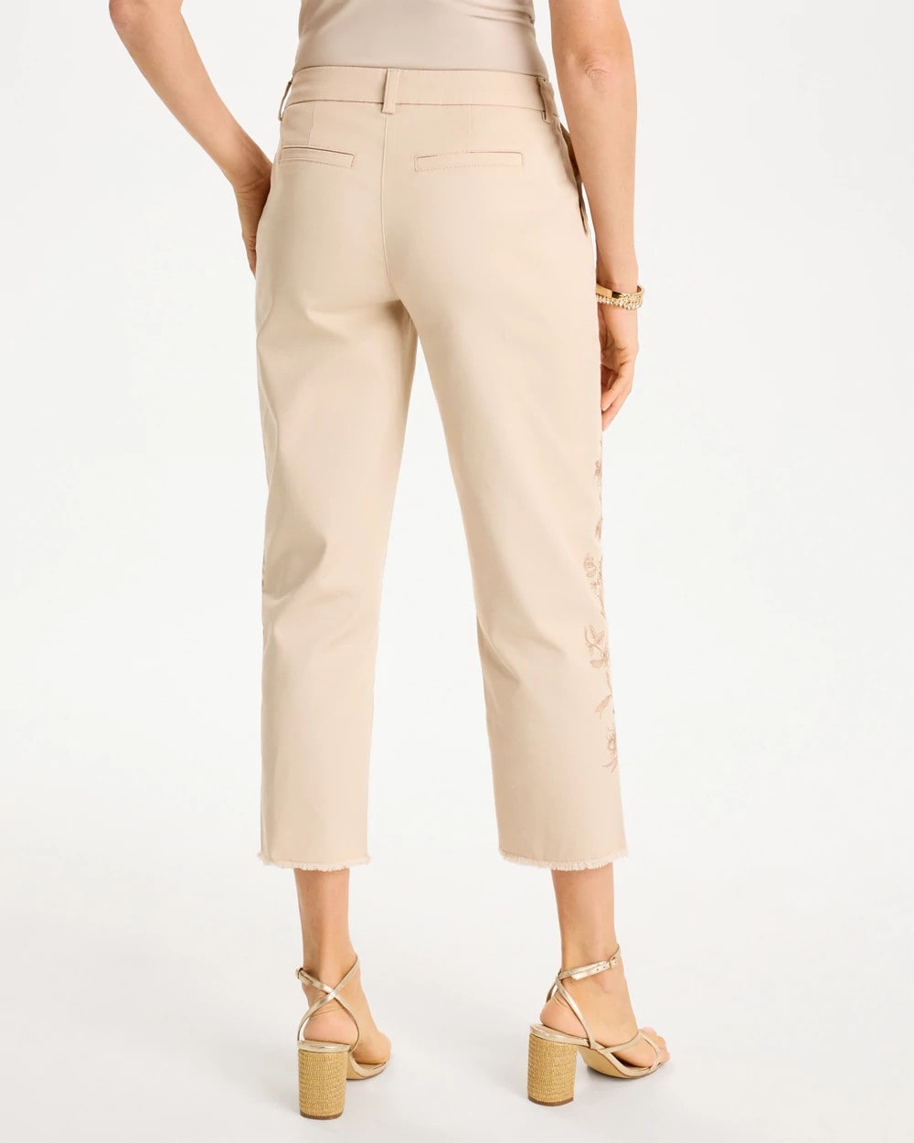 Chico's Relaxed Embroidered Fray Crop Pant Pale Sand