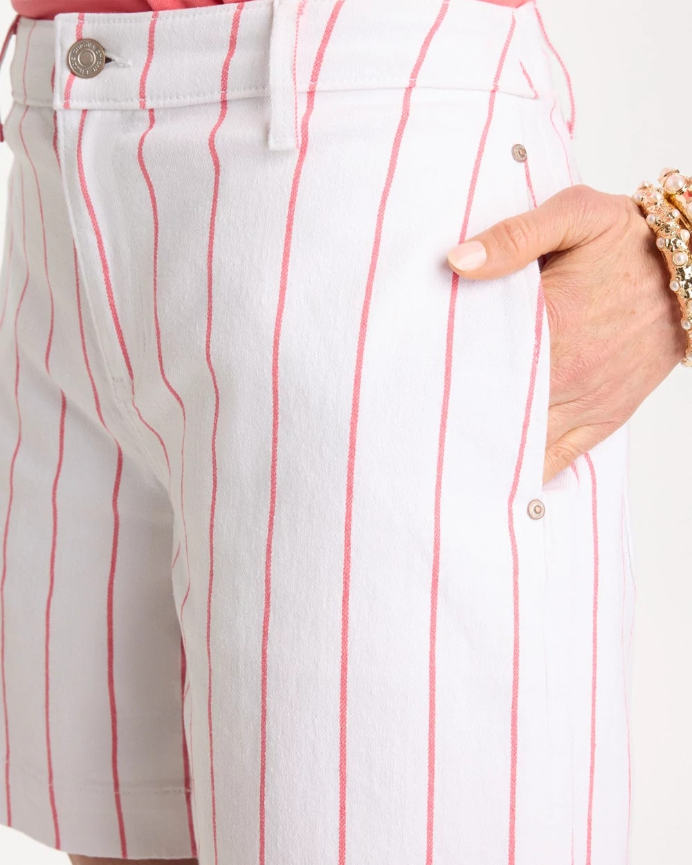 Chico's Striped Rivet Denim Trouser Shorts Calypso Coral
