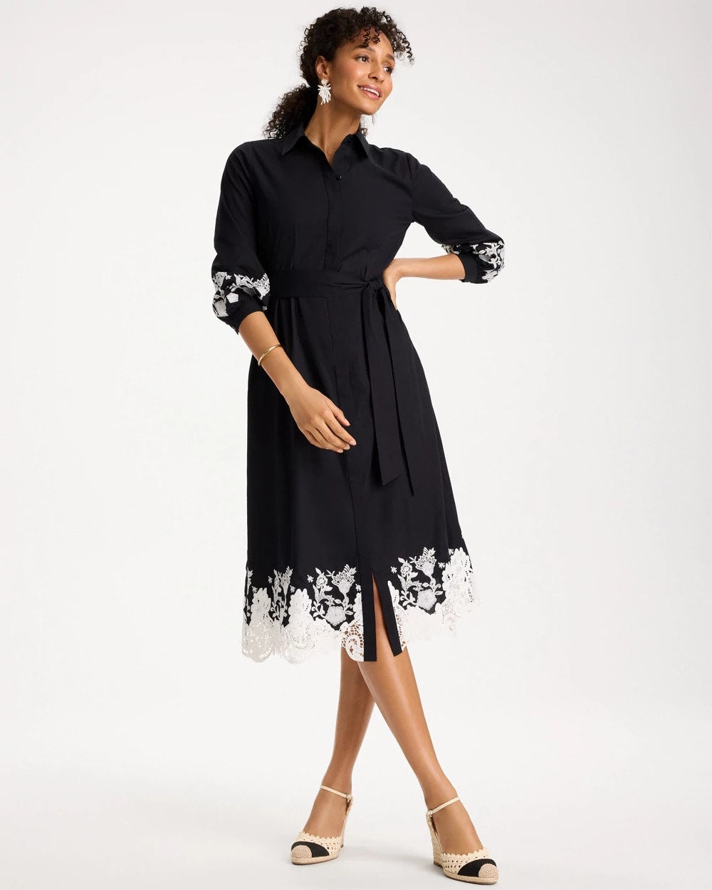 Chico's Cotton Lace Trim Shirtdress Black