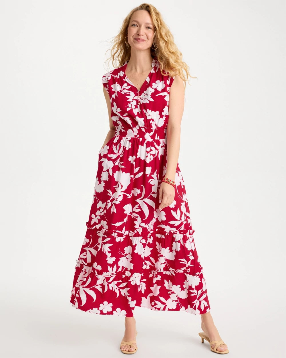 Chico's Smocked Floral Maxi Dress Cherry Lush