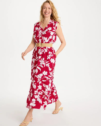 Chico's Smocked Floral Maxi Dress Cherry Lush