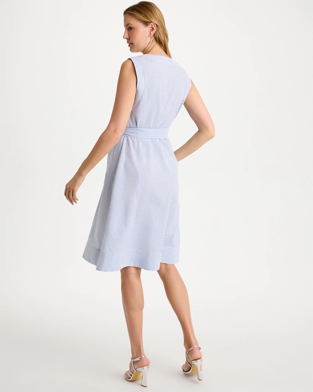 Chico's Seersucker V-Neck Sleeveless Dress Light Blue
