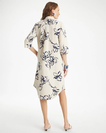 Chico's Printed Linen-Cotton Shirtdress Passport Blue