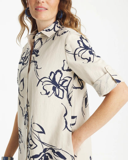 Chico's Printed Linen-Cotton Shirtdress Passport Blue