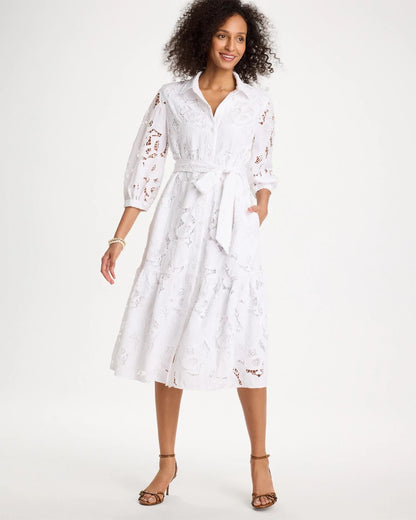 Chico's Lace Cutout Belted Shirtdress Alabaster