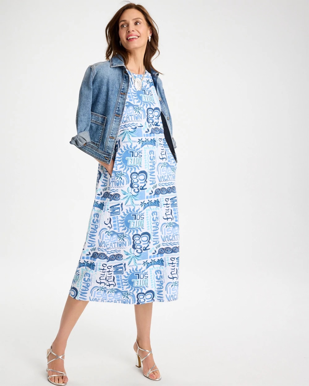 Chico's Soft-Stretch Sleeveless Tropical Dress Passport Blue