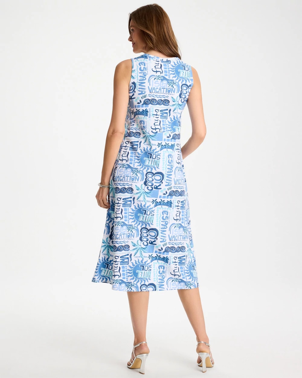 Chico's Soft-Stretch Sleeveless Tropical Dress Passport Blue