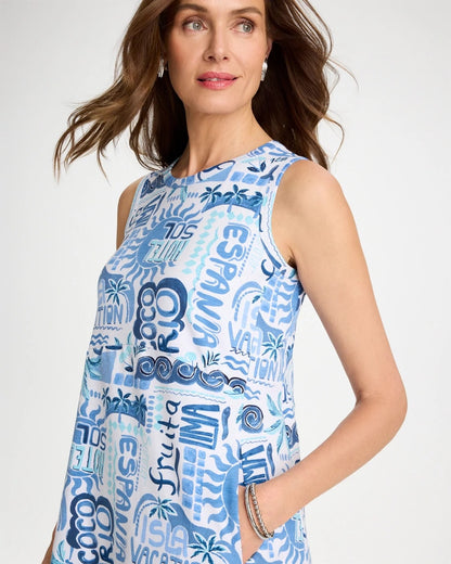 Chico's Soft-Stretch Sleeveless Tropical Dress Passport Blue