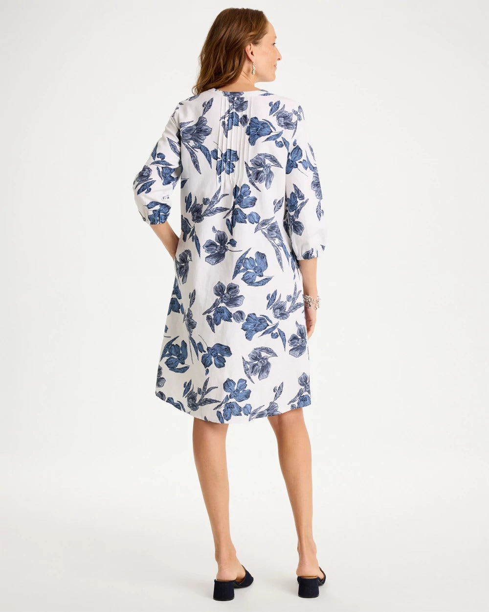 Chico's Floral Linen-Cotton Pintuck Dress Alabaster