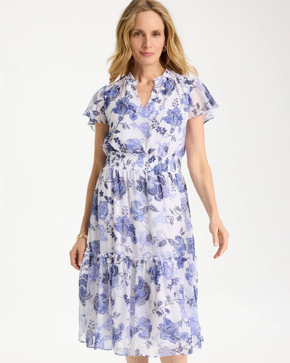 Chico's Floral Smocked Waist Dress Alabaster