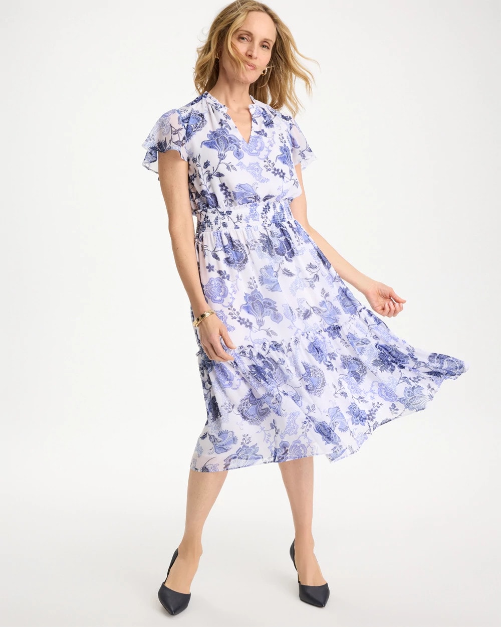 Chico's Floral Smocked Waist Dress Alabaster