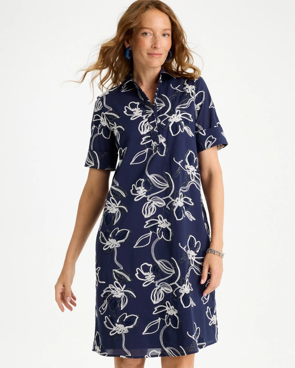Chico's Embroidered Floral Dress Passport Blue