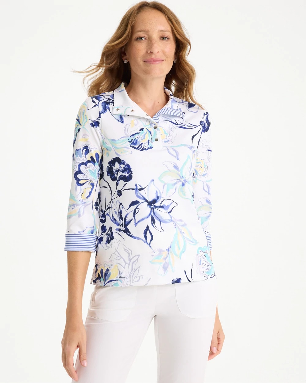 Chico's Zenergy® UPF Floral Snap Mockneck Amparo Blue