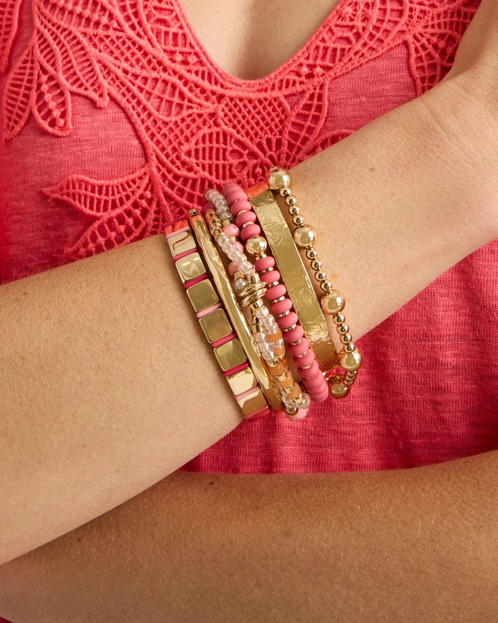 Chico's Aventurine Jade Stone Stretch Bracelet Coral