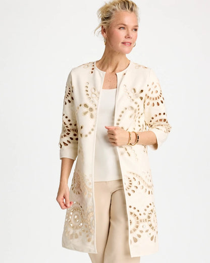Chico's Long Faux Leather Kimono Ecru