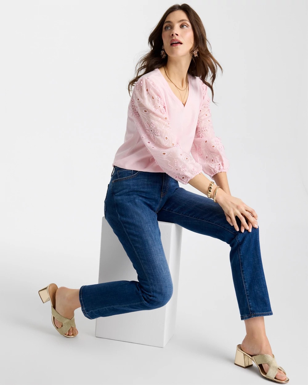 Chico's Floral Eyelet Sleeve Tee Sweet Blossom