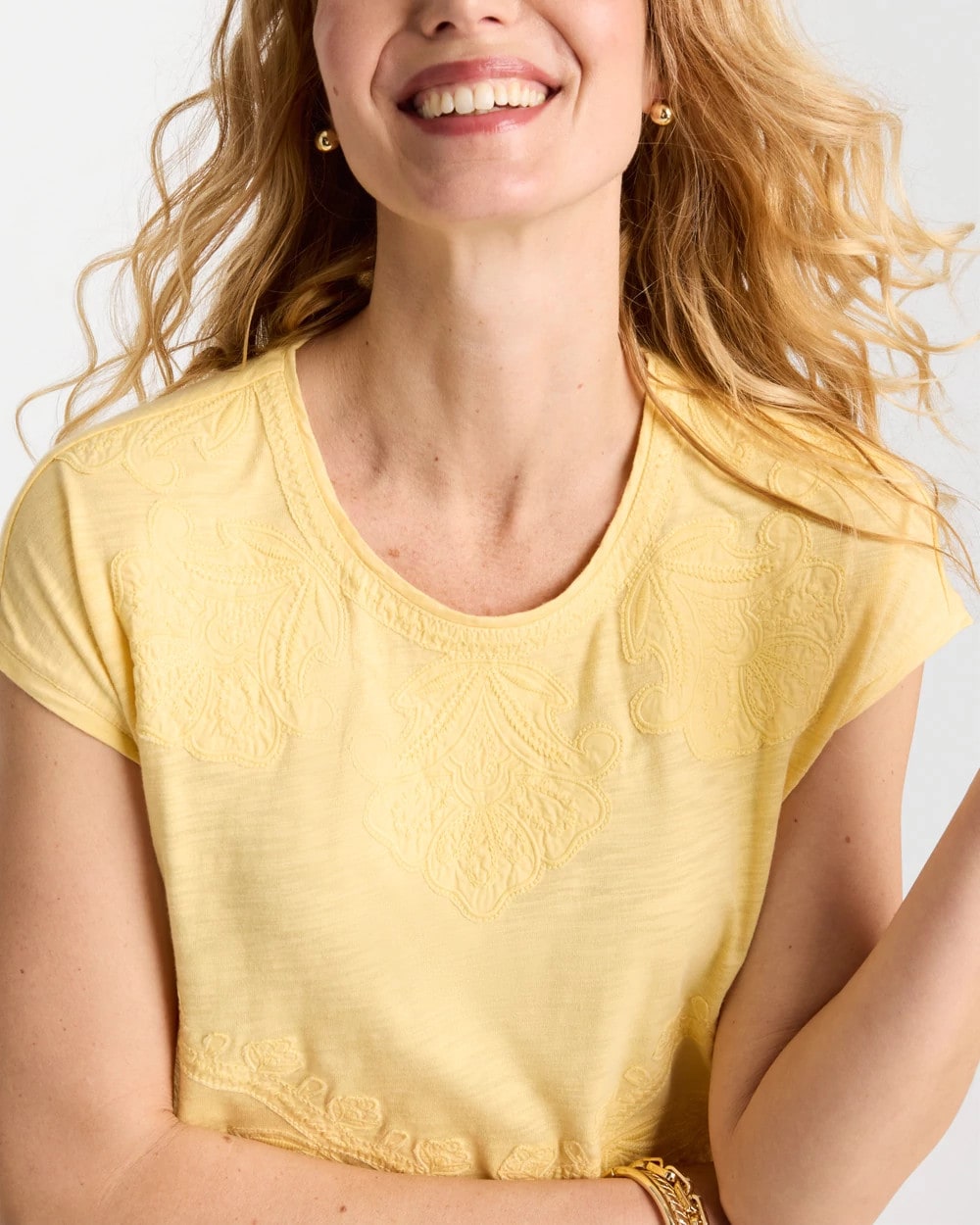 Chico's Monochrome Embroidered Cap-Sleeve Tee Golden Haze