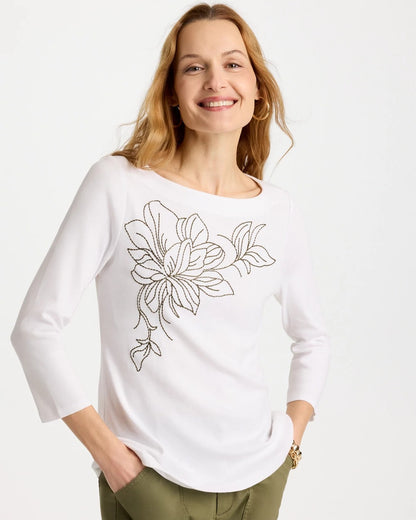 Chico's Embroidered Pima 3/4 Sleeve Tee Alabaster