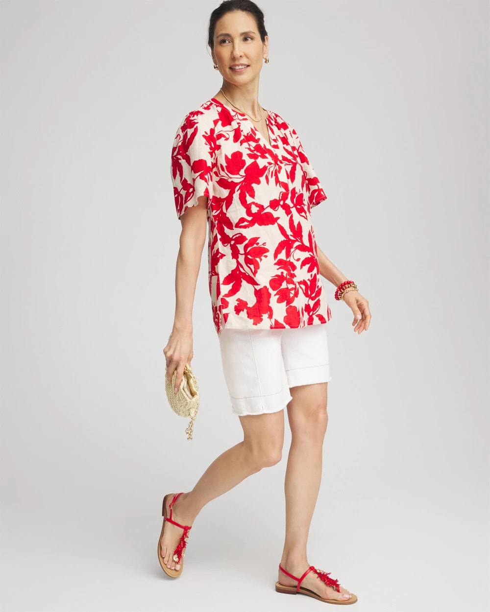 Chico's Floral Linen Popover Shirt Red Glow