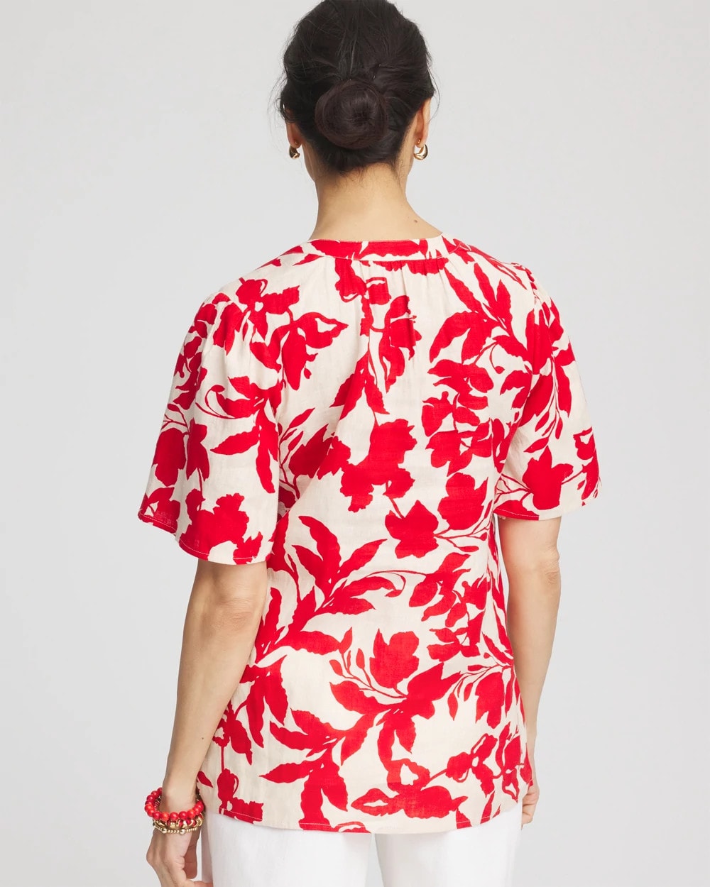 Chico's Floral Linen Popover Shirt Red Glow