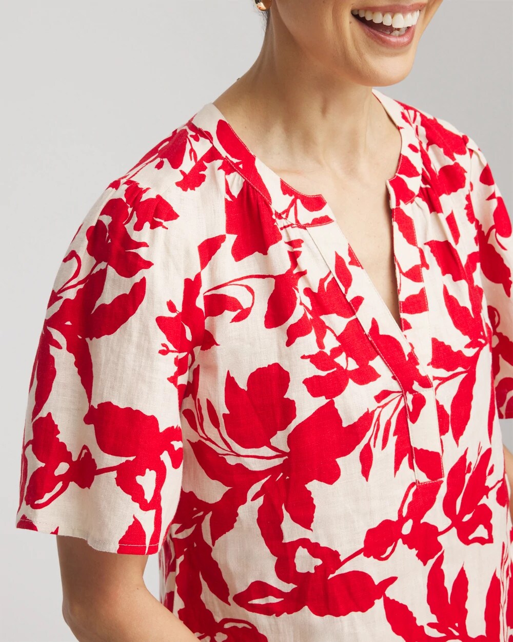 Chico's Floral Linen Popover Shirt Red Glow
