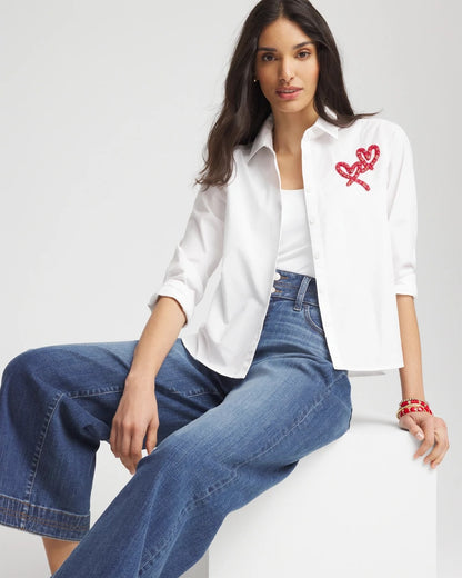 Chico's Crystal Heart Poplin Shirt Alabaster