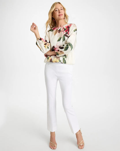 Chico's Crewneck Satin Bubble Hem Top Hot Honeysuckle