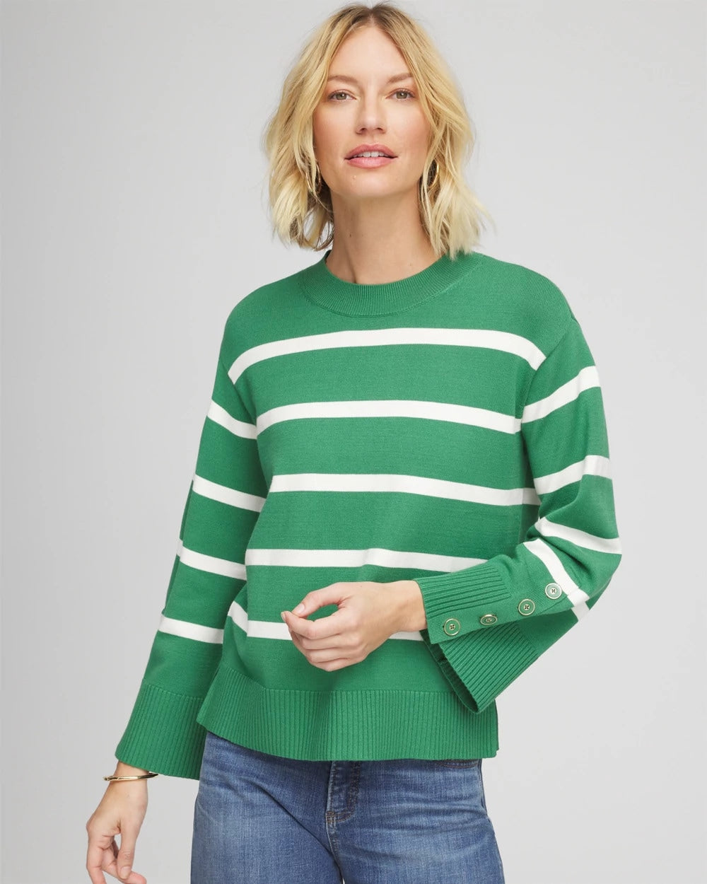 Chico's Striped Button Sleeve Crewneck Pullover Sweater Jardin Green