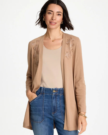 Chico's Floral Embroidered Cardigan Cattail Brown