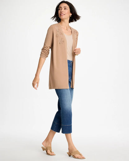 Chico's Floral Embroidered Cardigan Cattail Brown