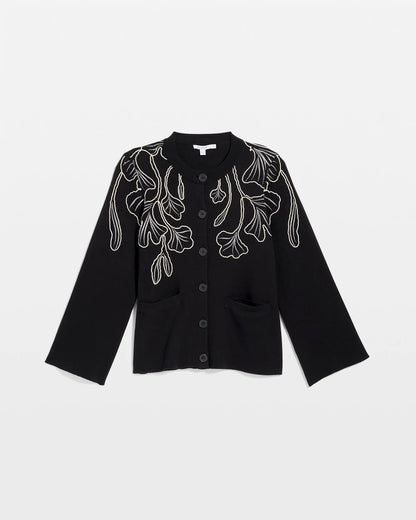Chico's Embroidered Crewneck Cardigan Jacket Black