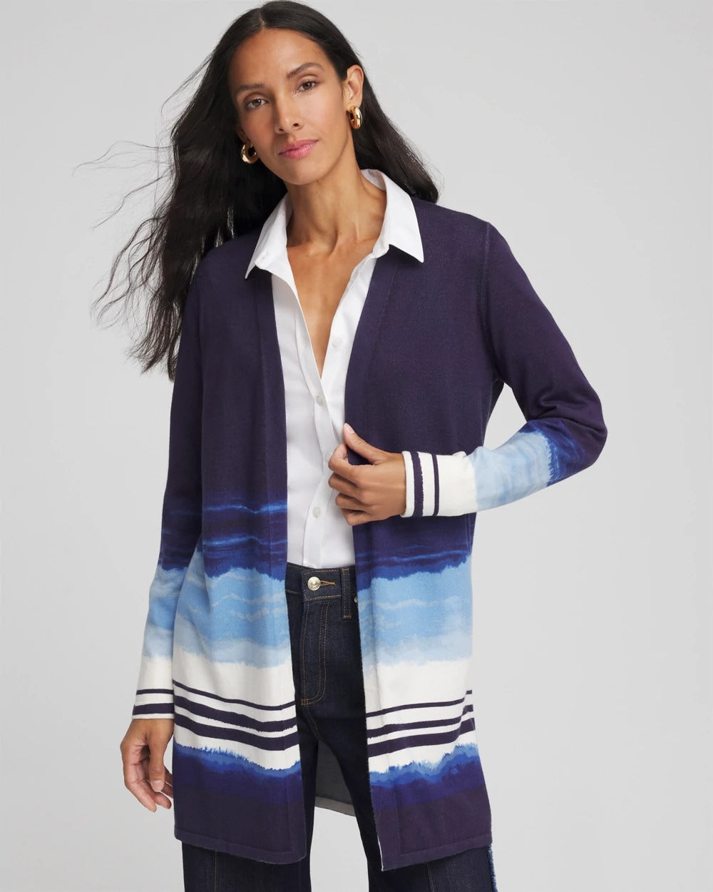 Chico's Stripe Ombre Duster Cardigan Passport Blue