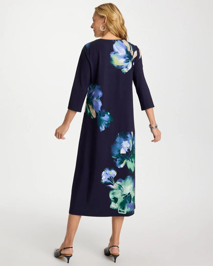 Chico's Floral 3/4 Sleeve Maxi Dress Passport Blue