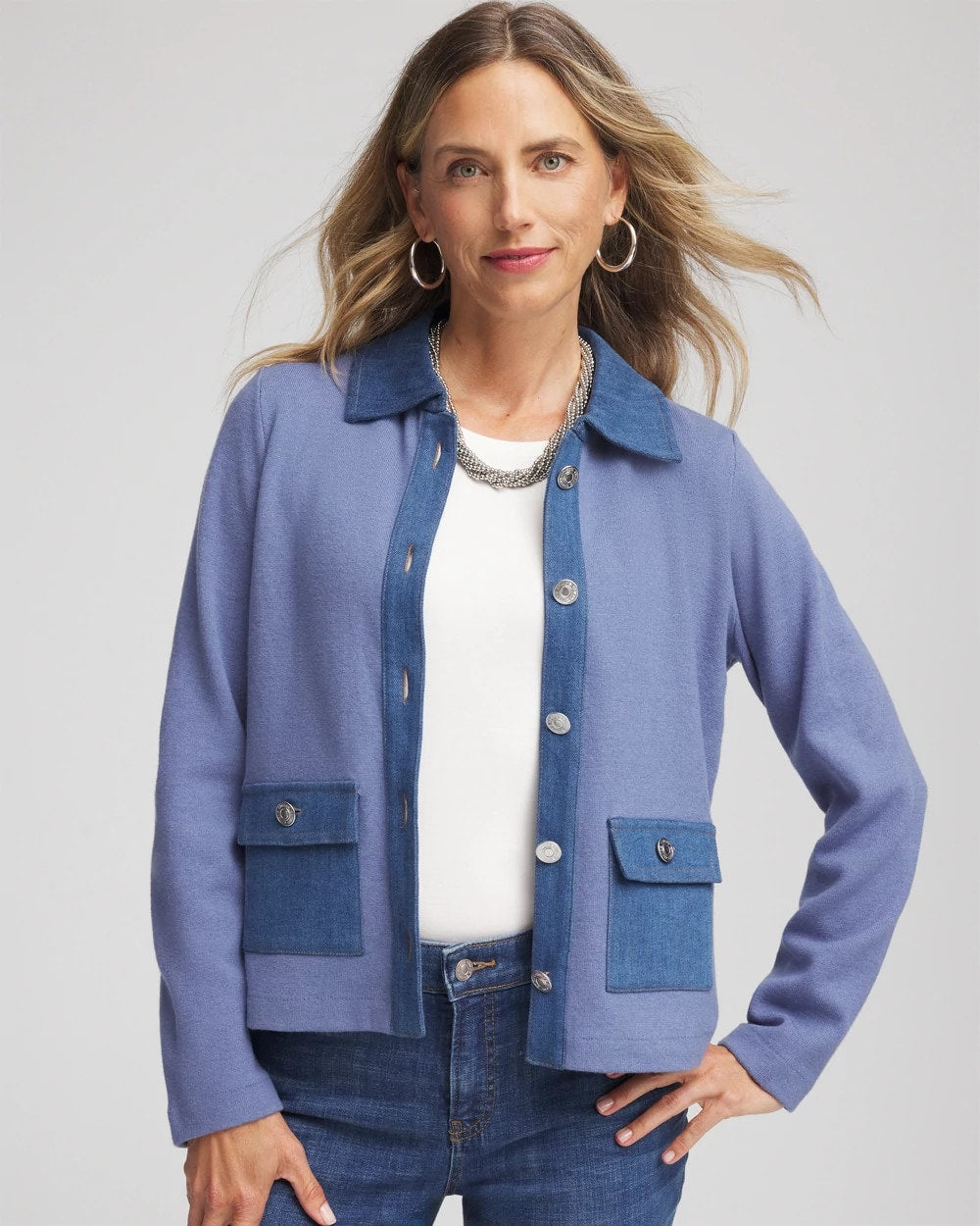 Chico's Denim Colorblock Marl Shirt Jacket Blue Lotus