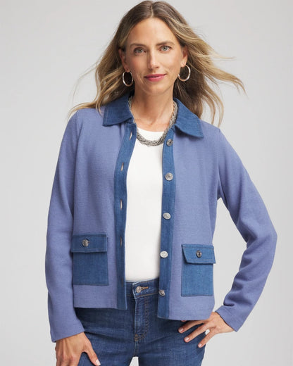 Chico's Denim Colorblock Marl Shirt Jacket Blue Lotus