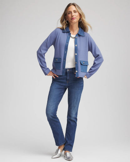 Chico's Denim Colorblock Marl Shirt Jacket Blue Lotus