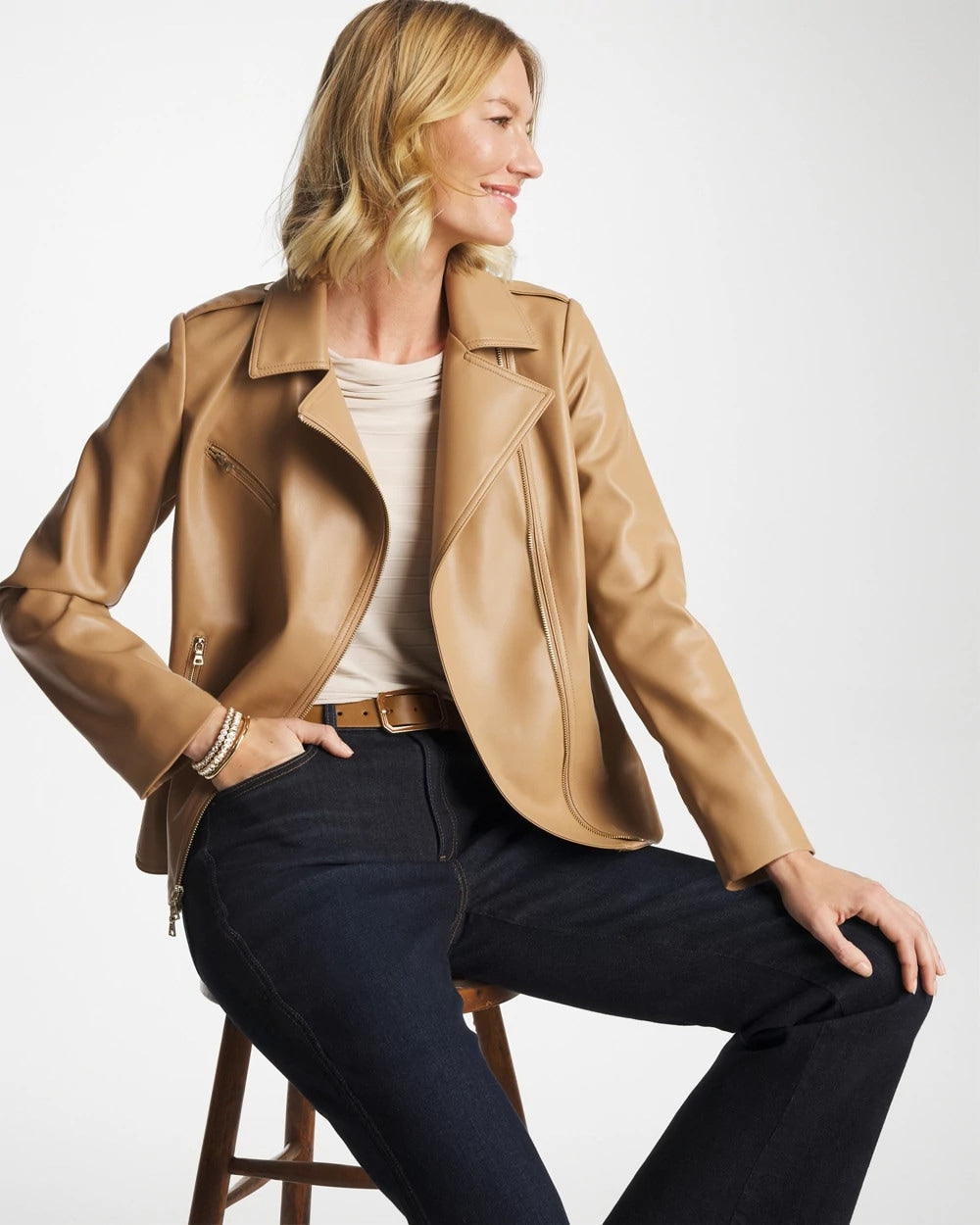Chico's Faux Leather Moto Jacket Creme Coffee