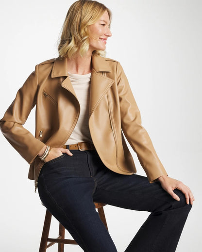 Chico's Faux Leather Moto Jacket Creme Coffee