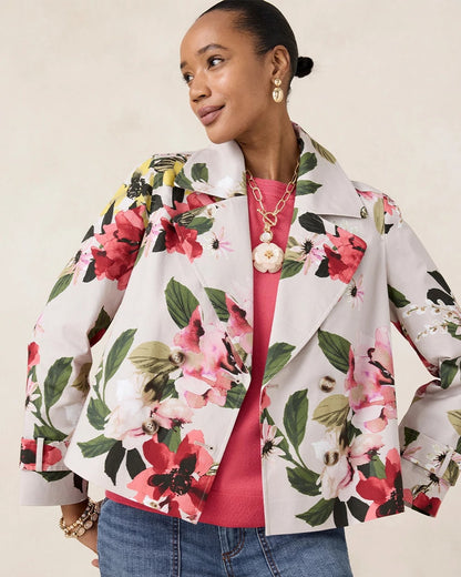 Chico's Cotton-Stretch Floral Trench Coat Smokey Taupe