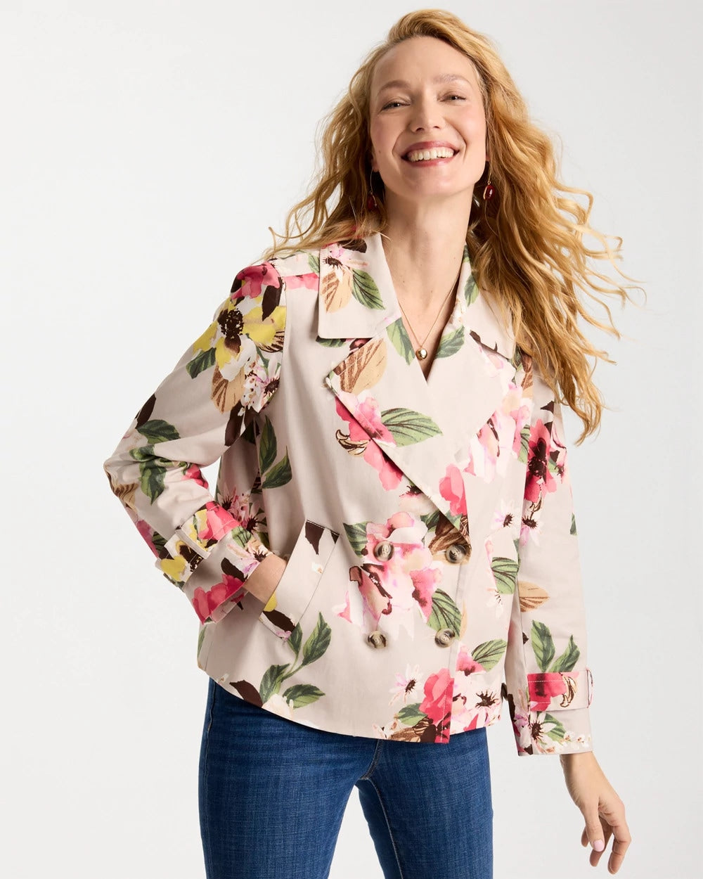 Chico's Cotton-Stretch Floral Trench Coat Smokey Taupe