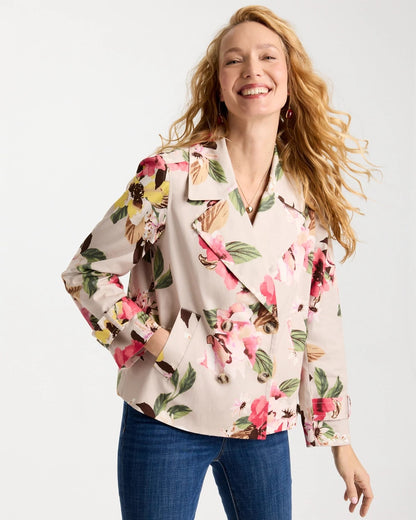 Chico's Cotton-Stretch Floral Trench Coat Smokey Taupe