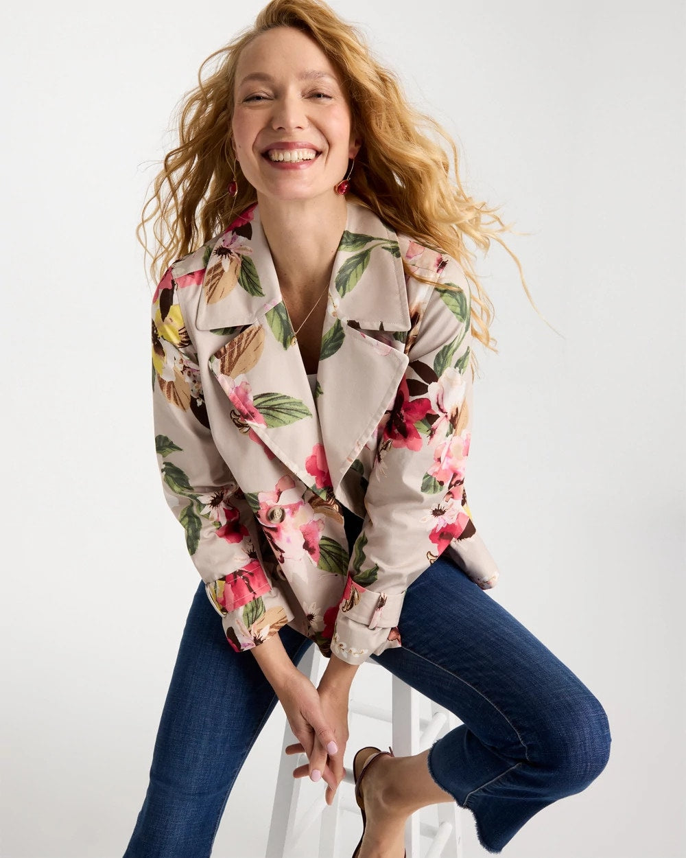 Chico's Cotton-Stretch Floral Trench Coat Smokey Taupe