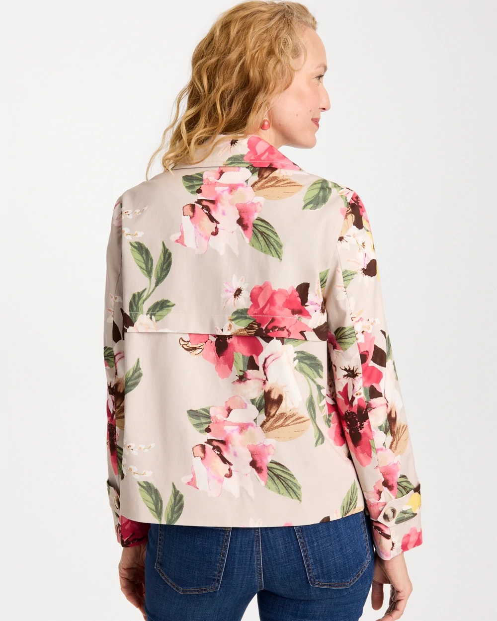 Chico's Cotton-Stretch Floral Trench Coat Smokey Taupe