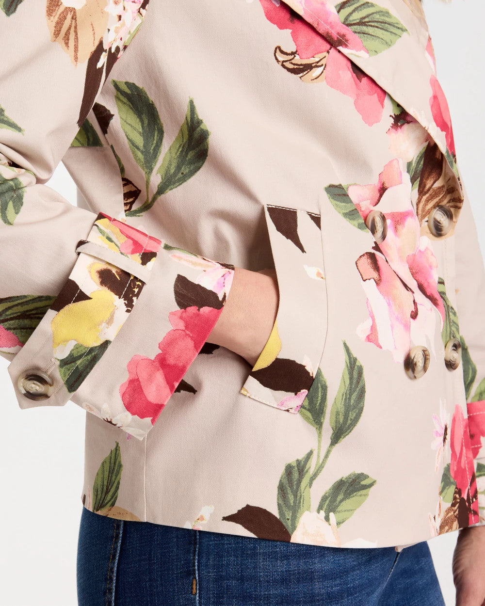 Chico's Cotton-Stretch Floral Trench Coat Smokey Taupe