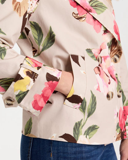 Chico's Cotton-Stretch Floral Trench Coat Smokey Taupe