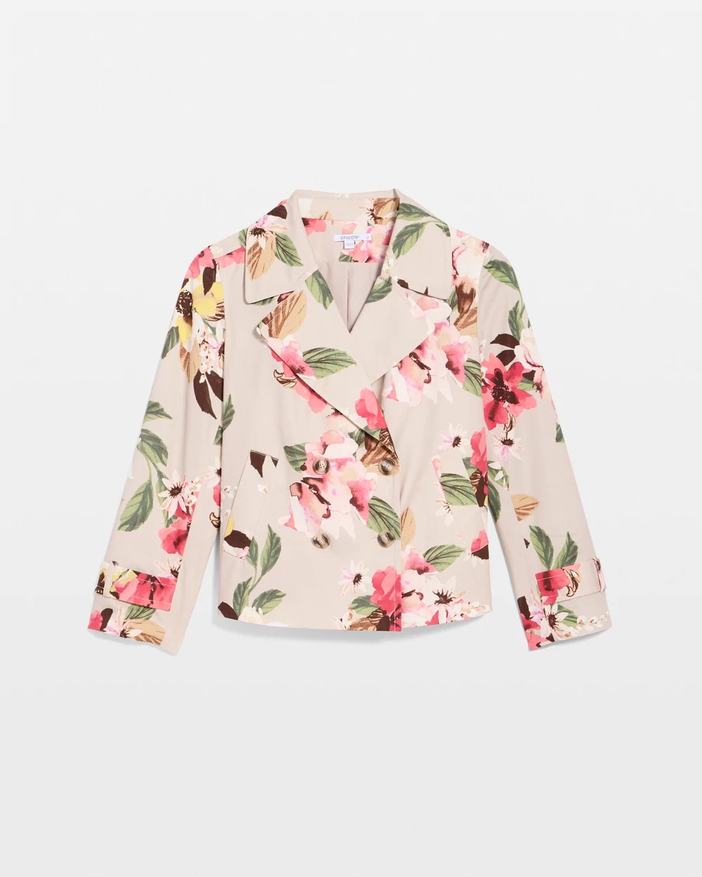 Chico's Cotton-Stretch Floral Trench Coat Smokey Taupe