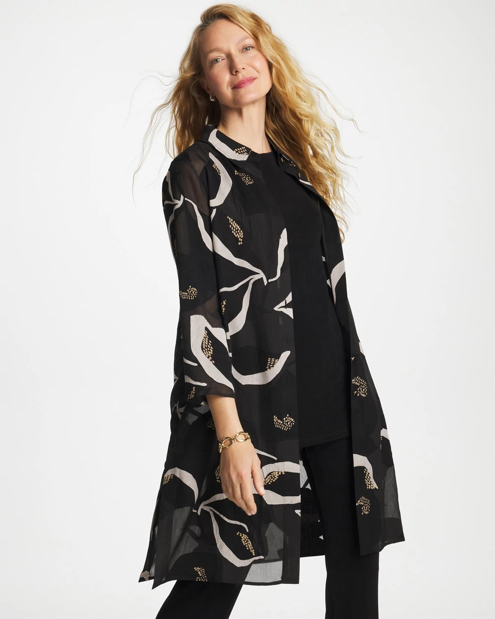 Chico's Travelers™ Collection Burnout Peace Lily Topper Travelers Black