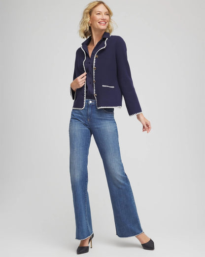 Chico's Blanket Stitch Crewneck Cardigan Passport Blue