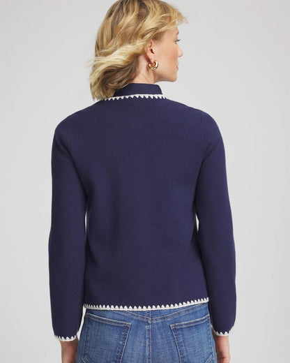 Chico's Blanket Stitch Crewneck Cardigan Passport Blue